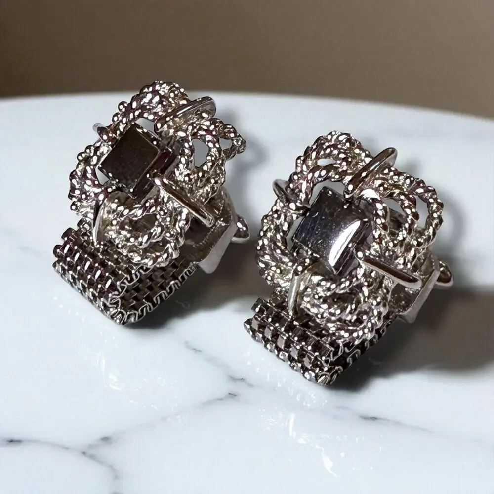 Vintage Wraparound Cufflinks Mens Silver Tone Gray Glass Rope Square Bullet Back